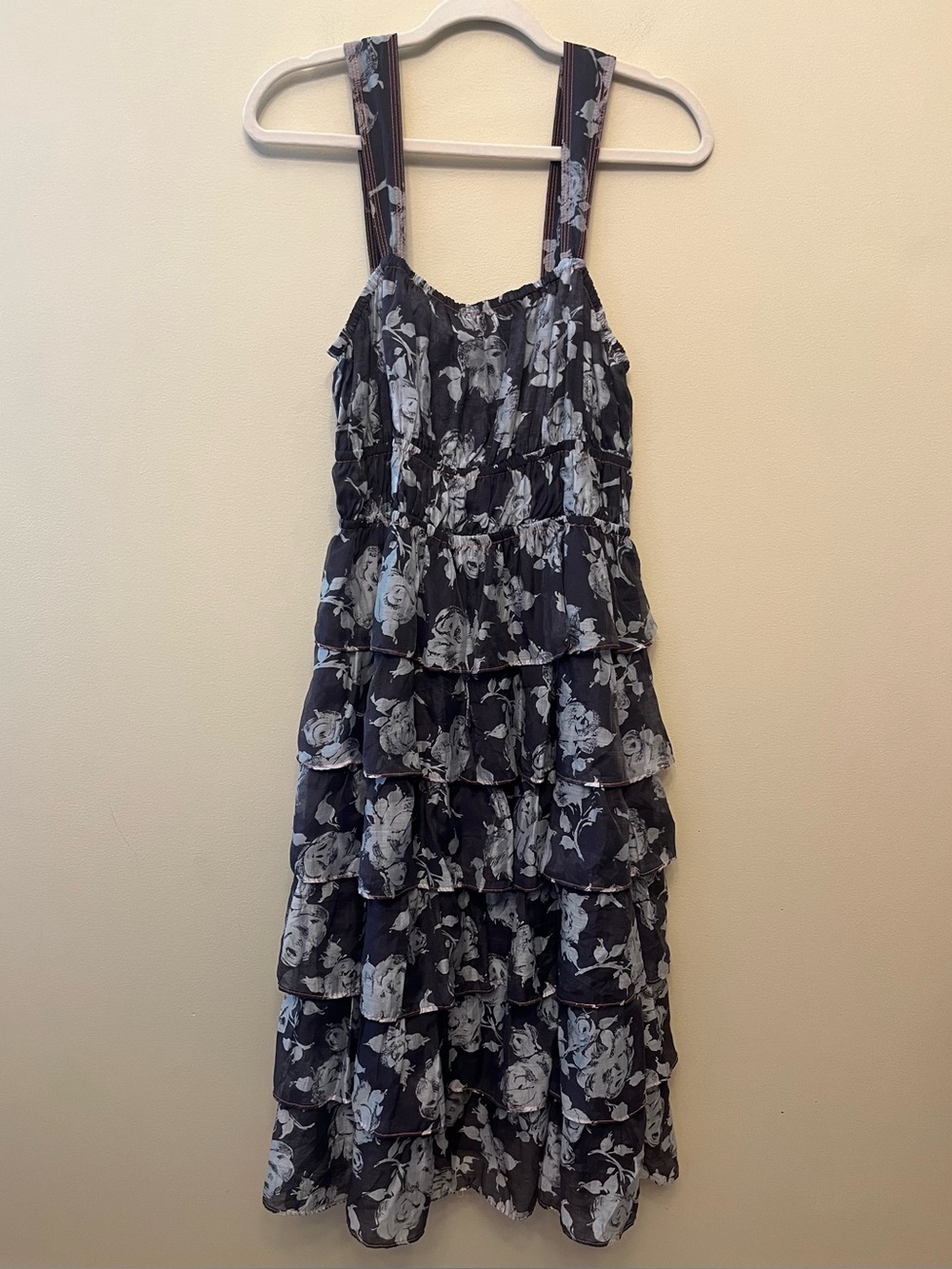 Current Air Dark Tiered Floral Midi Dress Dark Navy Women's Size Large